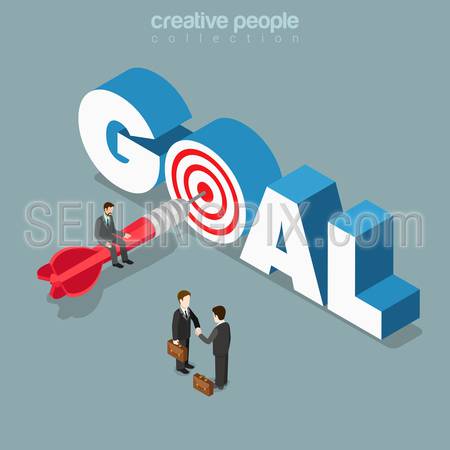Goal achievement flat 3d isometry isometric business concept web vector illustration. Micro man sitting on dart in target letter O in GOAL word. Creative people collection.