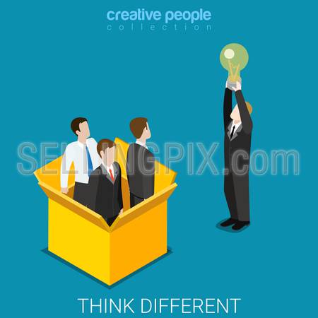 Think different outside the box flat 3d isometry isometric business innovation concept web vector illustration. Businessman hold light bulb idea other men in box. Creative people collection.