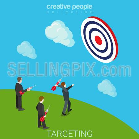 Targeting aiming flat 3d isometry isometric business marketing concept web vector illustration. Micro man throw dart in target letter. Creative people collection.