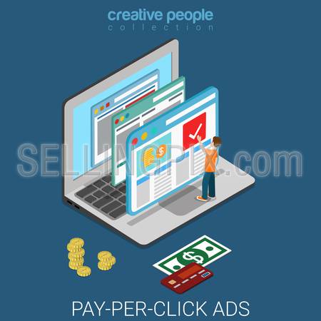 Pay-per-click flat 3d isometry isometric internet business advertisement marketing concept web vector illustration. Micro man on big laptop clicking web page promo banner. Creative people collection.