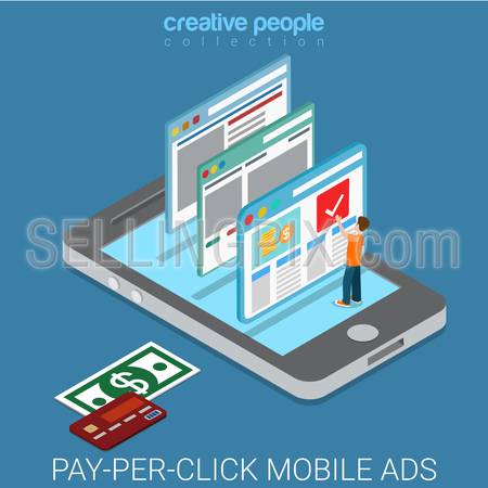 Pay-per-click flat 3d isometry isometric internet business mobile advertisement marketing concept web vector illustration. Man on smart phone click web page promo banner. Creative people collection.