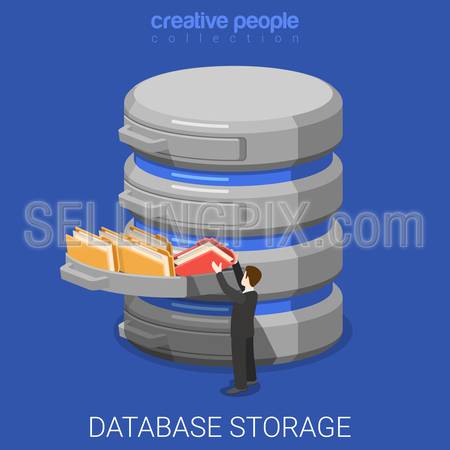 Database storage flat 3d isometry isometric technology concept web vector illustration. Micro businessman put data folder into abstract data base server. Creative people collection.