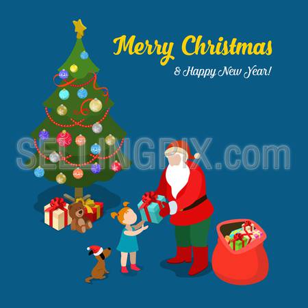 Merry Christmas Happy New Year flat 3d isometry isometric concept web infographics vector leaflet flyer card postcard template. Santa gives present to little girl. Creative winter holiday collection.