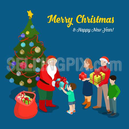 Merry Christmas Happy New Year flat 3d isometry isometric concept web infographics vector leaflet flyer card postcard template. Santa gives present little boy and family. Creative holiday collection