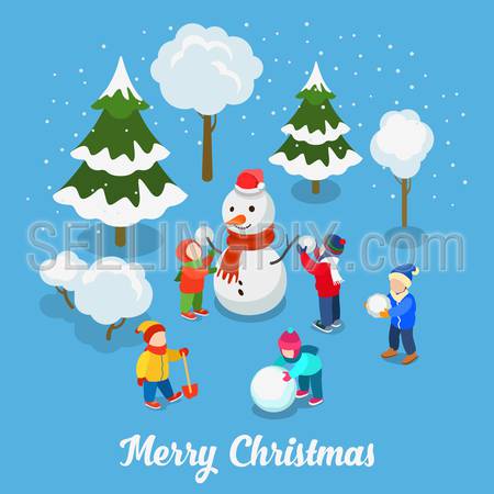 Merry Christmas Happy New Year flat 3d isometry isometric concept web infographics vector leaflet flyer card postcard template. Children play snowball outdoor with snowman. Creative winter holiday.