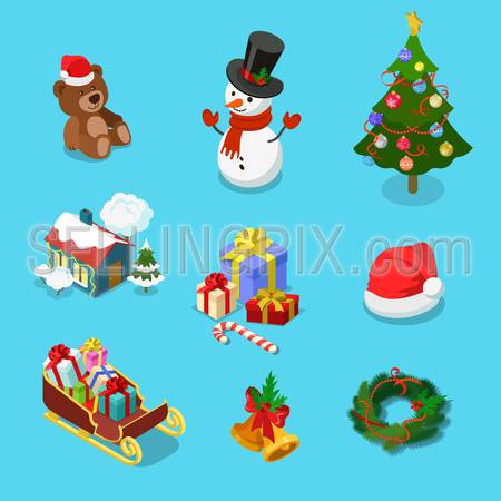 Detailed winter holiday object icon set of teddy bear snowman spruce village house gift hat sledge wreath. Merry Christmas Happy New Year flat 3d isometric concept web infographics vector template