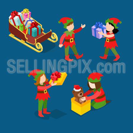 Little Santa helper troll children wrap pack toy gifts sledge. Merry Christmas Happy New Year flat 3d isometry isometric concept web infographics vector template icon set. Creative holiday collection.