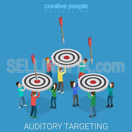 Auditory targeting flat 3d isometry isometric marketing business concept web vector illustration. Groups of young people catching arrows with targets to the bull’s eye. Creative people collection.