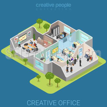 Office interior flat 3d isometry isometric business company corporate department concept web vector illustration. Creative people collection.