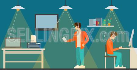 Li-Fi technology optical wireless communication interior visualization flat style concept web vector illustration. Office room and led lights data transfer. Creative people collection.