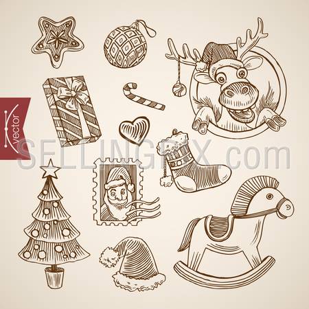 Santa Claus post stamp funny reindeer wooden horse. Christmas New Year handdrawn engraving style template objects set. Pen pencil crosshatch hatching paper drawing retro vintage lineart illustration.