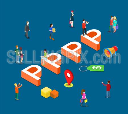 Product Place Price Promotion flat 3d isometry isometric marketing concept web vector illustration. Big P letters icons and micro people. Creative people collection.