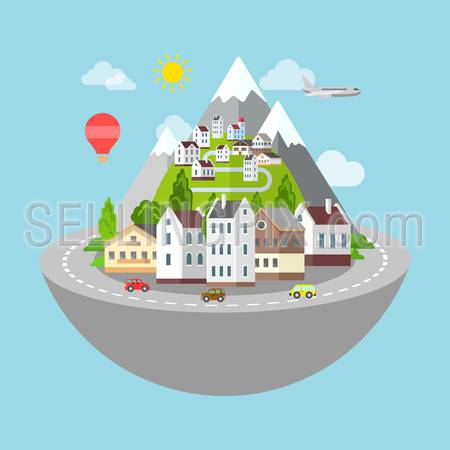 Mountain village and town road micro planet travel concept. Flat style web site icon vector illustration.