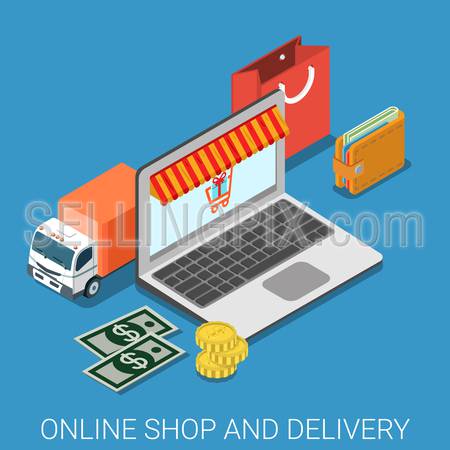 Online shop and delivery flat 3d isometry isometric online shopping concept web vector illustration. Laptop store marquise money dollar cent coin deliver van bag wallet icons.
