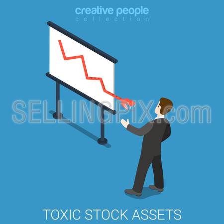 Toxic stock market assets flat 3d isometry isometric exchange concept web vector illustration. Businessman and snake coming from graphic white board. Creative people collection.
