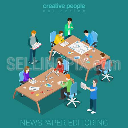 Newspaper editoring teamwork flat 3d isometry isometric print media concept web vector illustration. Room interior tables and staff making news paper layout. Creative people collection.