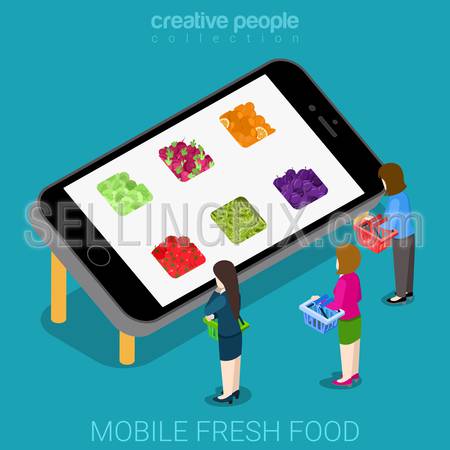 Mobile fresh good agriculture market flat 3d isometry isometric online shop concept web vector illustration. Female shopper and big smartphone vegetable fruit app icon hole. Creative people collection