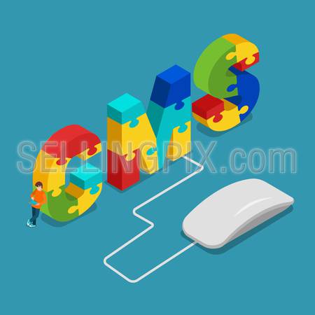 CMS content management system flat 3d isometry isometric concept web vector illustration. Computer mouse connected to C M S letters combined with puzzle pieces and micro man with tablet.