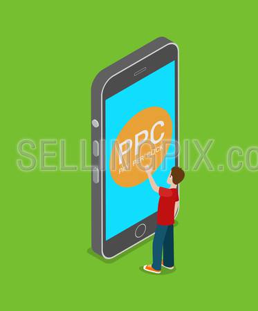 Mobile PPC pay per click flat 3d isometry isometric online internet marketing concept web vector illustration. Man touch big smart phone screen pay-per-click button. Creative technology collection.
