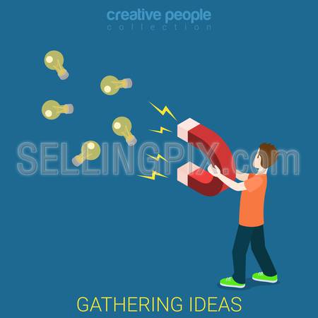 Gathering idea marnetic flat 3d isometry isometric business lifestyle concept web vector illustration. Man with magnet magnetizing light bulb lamps. Creative people collection.