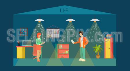 Li-Fi technology optical wireless communication interior visualization flat style concept web vector illustration. Office room and led lights data transfer falling 0 1. Creative people collection.