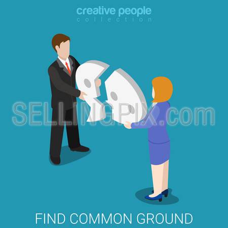 Find common ground flat 3d isometry isometric lifestyle reconcile reconciliation concept web vector illustration. Couple combine broken chat bubble. Creative people collection.