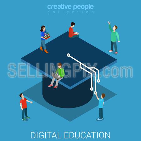 Digital education university flat 3d isometry isometric knowledge concept web vector illustration. Students big graduate cap tassel styled as electronic board track. Creative people collection.