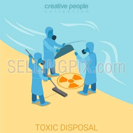 Toxic disposal flat 3d isometry isometric concept web vector illustration. Nuclear waste hiding below the sea blanket. Creative people collection.