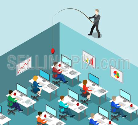 Head hunting flat 3d isometry isometric business HR lifestyle concept web vector illustration. Businessman fishing throwing bait in office interior. Creative people collection.