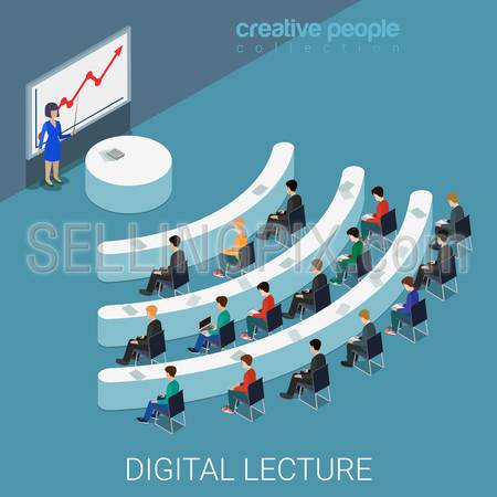 Digital lecture web conference flat 3d isometry isometric education knowledge concept web vector illustration. Class auditory wi-fi sign shaped table style interior. Creative people collection.