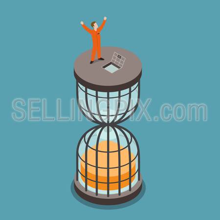 Freed from prison flat 3d isometry isometric imprisonment term end concept web vector illustration. Prisoner jailbird on top of hourglass shape cage. Creative people collection.