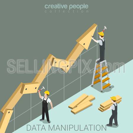 Data manipulation flat 3d isometry isometric juggling with facts report statistics concept web vector illustration. Construction workers nailing hammer wooden graphic parts. Creative people collection