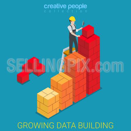 Growing data building flat 3d isometry isometric business report concept web vector illustration. Construction worker building brick chart columns. Growth on estate market. Creative people collection.