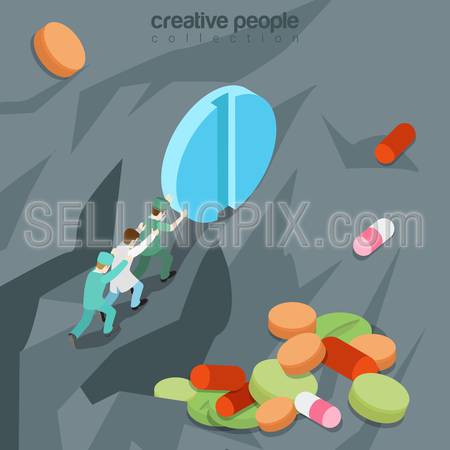 Useless drugs flat 3d isometry isometric ineffective pills medicine pharmaceutics concept web vector illustration. Sisyphean toil task medical workers pull up big tablet. Creative people collection.