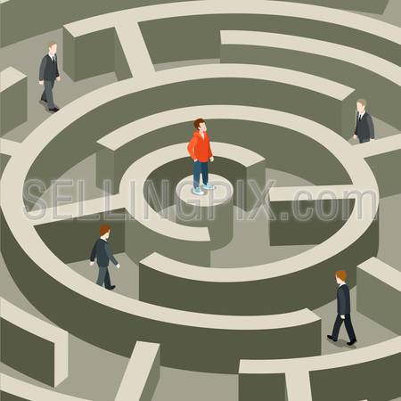 Life professional business trap flat 3d isometry isometric job seeking head hunting concept web vector illustration. Young man on maze center top pedestal. Creative people collection.