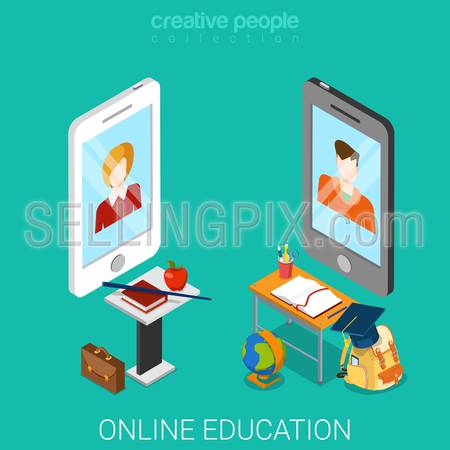 Online education flat 3d isometry isometric technology knowledge concept web vector illustration. Big smartphones teacher student tables tools equipment icons.