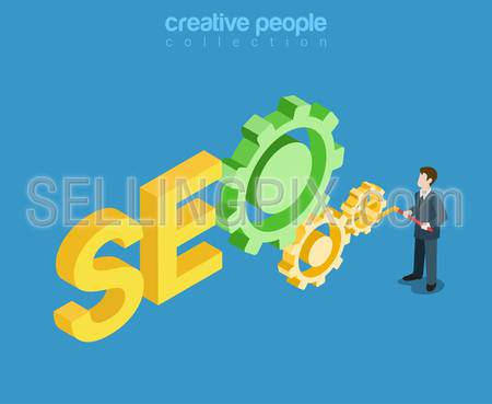 SEO flat 3d isometry isometric technology online intenet marketing concept web infographics vector illustration. Search Engine Optimization Process cog wheel gear mechanism lever arm levering.