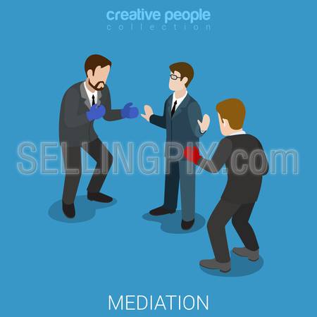 Mediation flat 3d isometry isometric business conflict dispute resolution concept web vector illustration. Referee between two businessmen wearing boxing gloves fight ready. Creative people collection