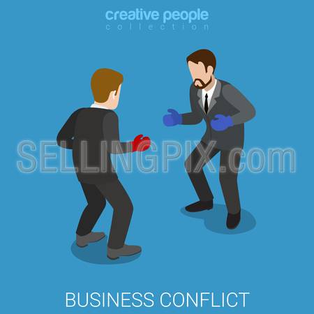 Business conflict flat 3d isometry isometric dispute resolution fight concept web vector illustration. Two businessmen wearing boxing gloves fighting. Creative people collection