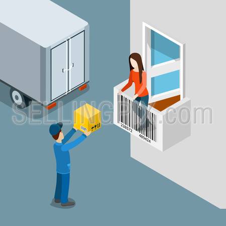 Delivery package to home door flat 3d isometry isometric shopping concept web vector illustration. Deliveryman handle box giving to female customer on barcode balcony. Creative people collection.