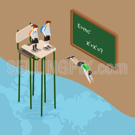 Dive into world of education ocean flat 3d isometry isometric knowledge school college concept web vector illustration. Creative people collection.