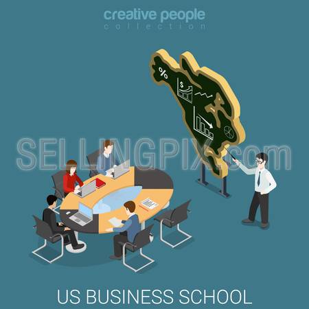 US business school flat 3d isometry isometric education course concept web vector illustration. Lecture class coach before USA map shaped blackboard. Creative people collection.