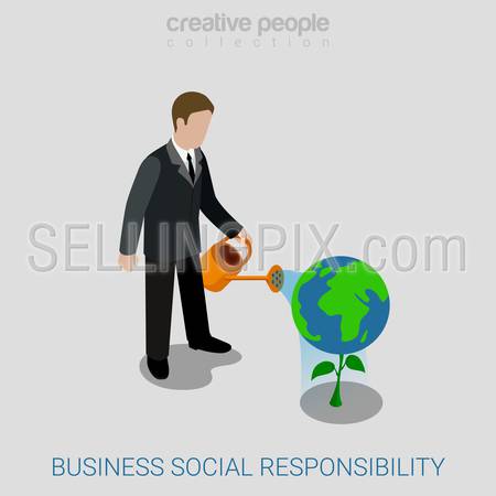 Corporate business social responsibility flat 3d isometry isometric concept web vector illustration. Businessman watering plant with world globe flower. Creative people collection.