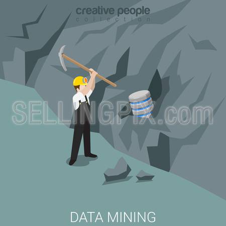 Data miner flat 3d isometry isometric technology mining concept web vector illustration. Mine worker picking rock for storage server. Creative people collection.