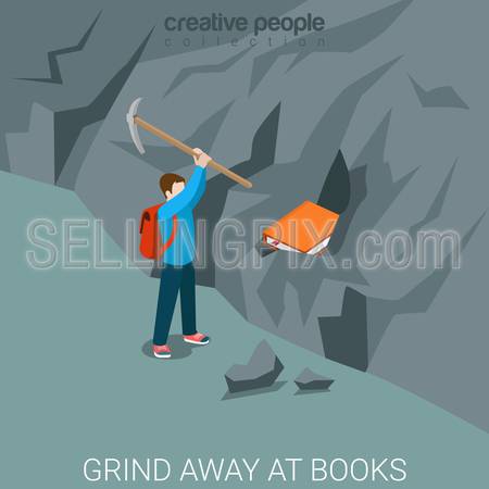 Grind away at books flat 3d isometry isometric education concept web vector illustration. Student pick book from rock. Creative people collection.