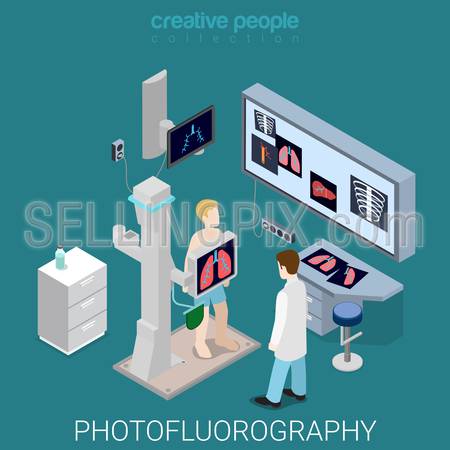 Photofluorography process flat 3d isometry isometric hospital medical concept web vector illustration. Medicine room interior equipment. Creative people collection.