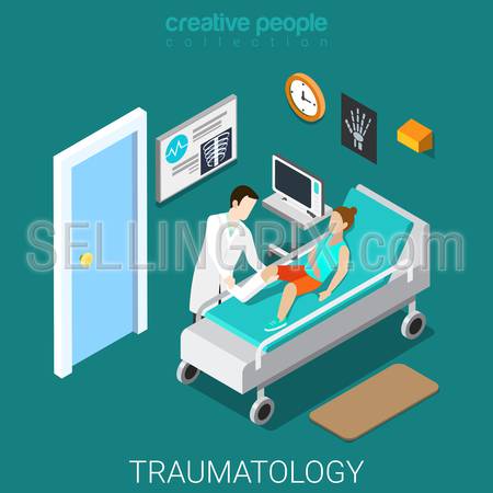 Traumatology hospital ward interior flat 3d isometry isometric concept web vector illustration. Creative people collection.