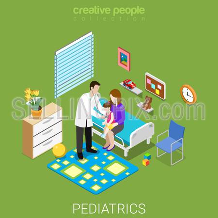 Pediatrics flat 3d isometry isometric healthcare hospital clinic concept web vector illustration. Pediatrician visiting girl and mom in ward interior. Creative people collection.