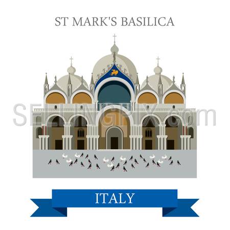Saint Mark Basilica in Venice Italy. Flat cartoon style historic sight showplace attraction point interest web site vector illustration. World countries cities vacation travel sightseeing collection.