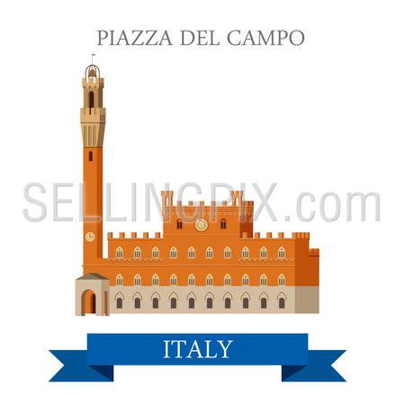 Piazza del Campo in Venice Venezia Italy. Flat cartoon style historic sight showplace attraction web site vector illustration. World countries cities vacation travel sightseeing collection.